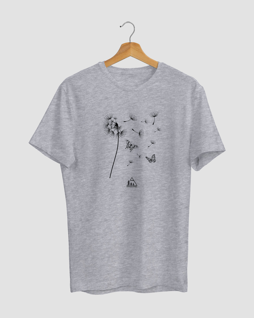 Polera con diseño de diente de león, flor silvestre de Chile, símbolo de libertad, color gris - Nativaustral