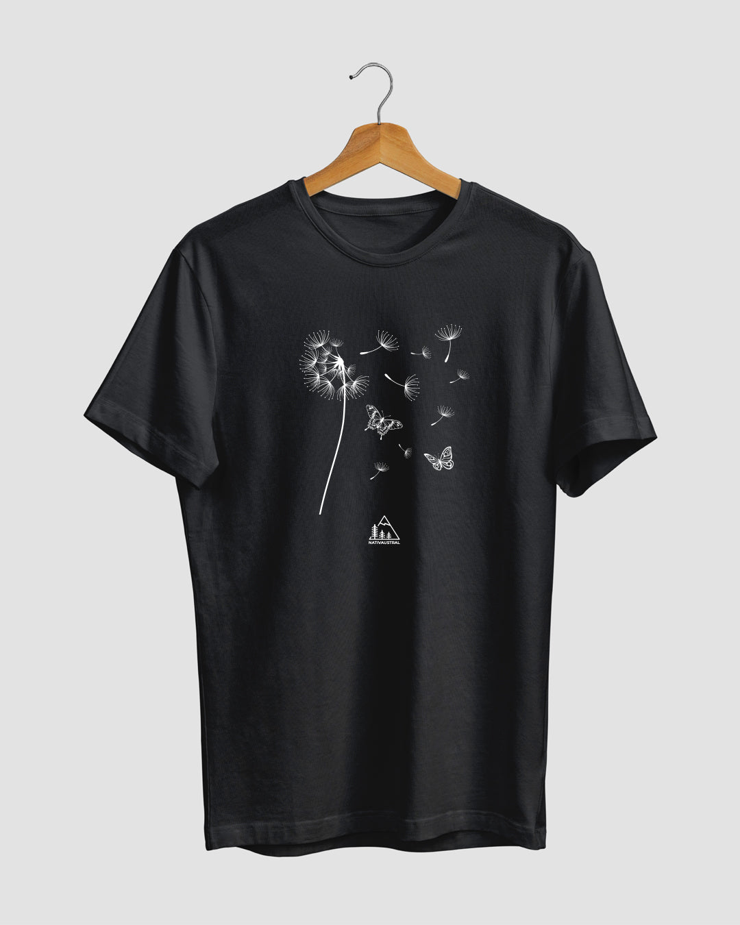 Polera con diseño de diente de león, flor silvestre de Chile, símbolo de libertad, color negra - Nativaustral