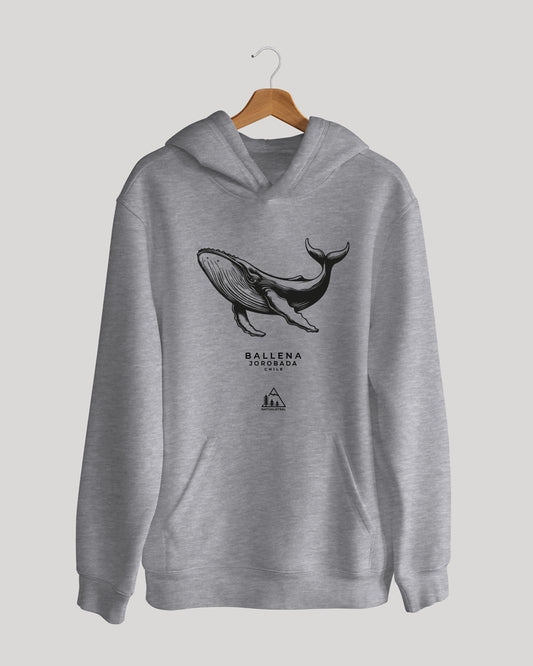 Polerón canguro con diseño de ballena jorobada, ballena que habita las costas de Chile, color gris claro - Nativaustral