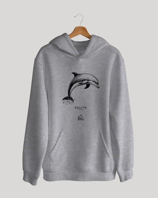 Polerón canguro con diseño de delfín, fauna marina de Chile, color gris claro - Nativaustral