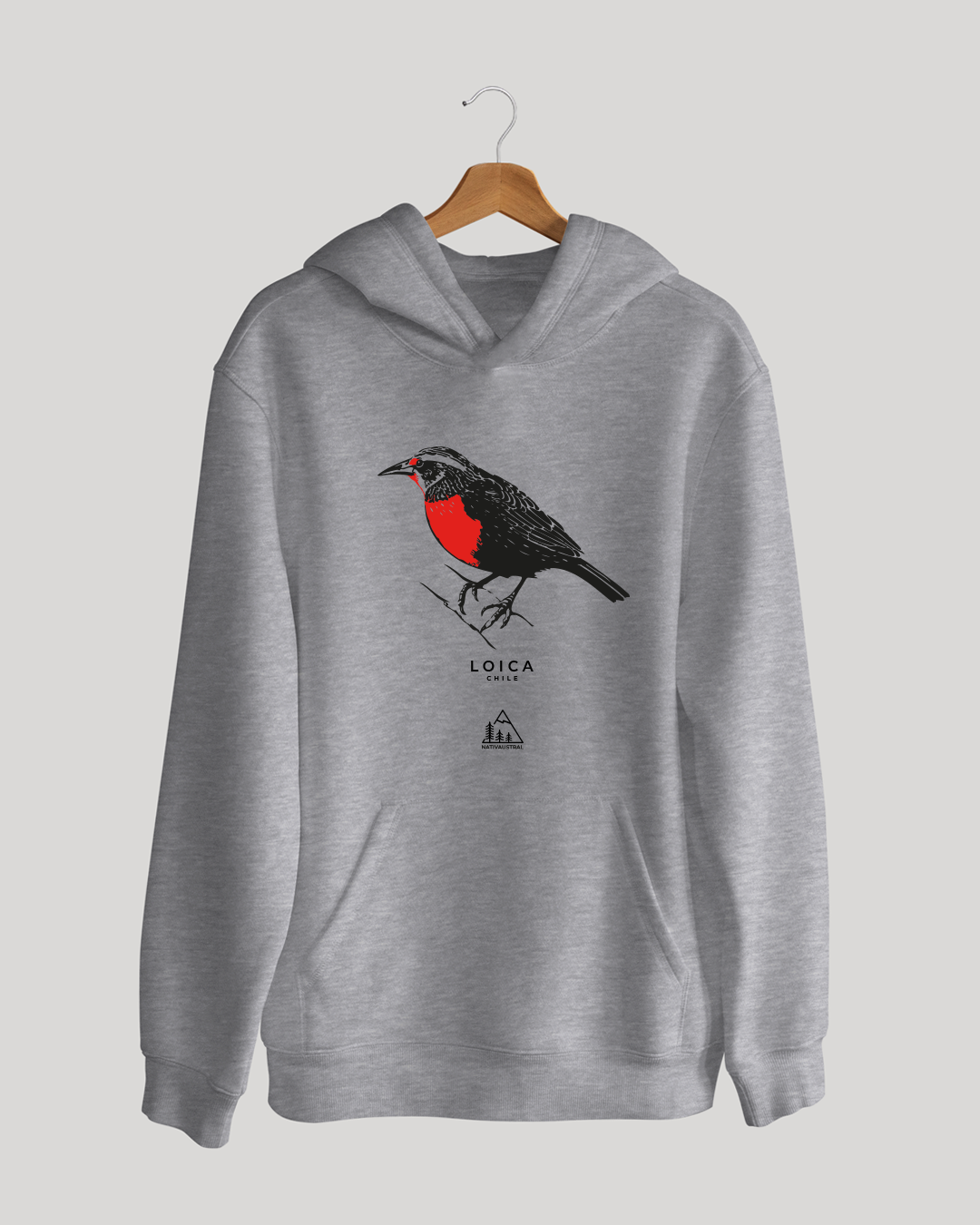 Polerón canguro con diseño de loica, ave nativa de Chile, color gris claro - Nativaustral