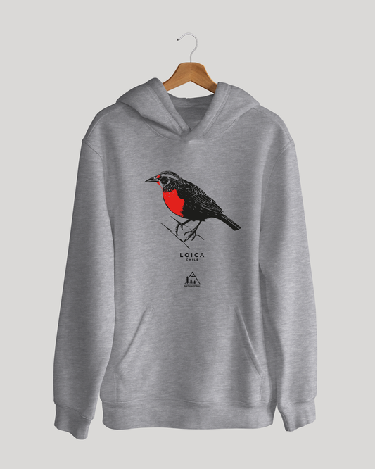 Polerón canguro con diseño de loica, ave nativa de Chile, color gris claro - Nativaustral